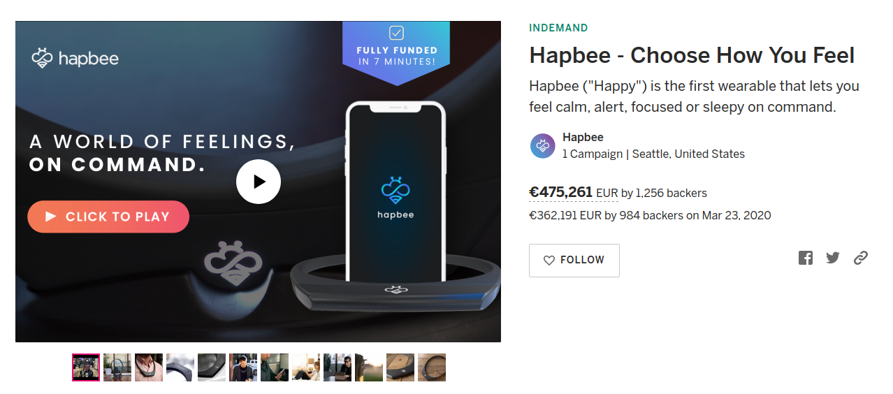 Hapbee («Happy») is the first wearable that lets you feel calm, alert, focused or sleepy on command., Oct 2020